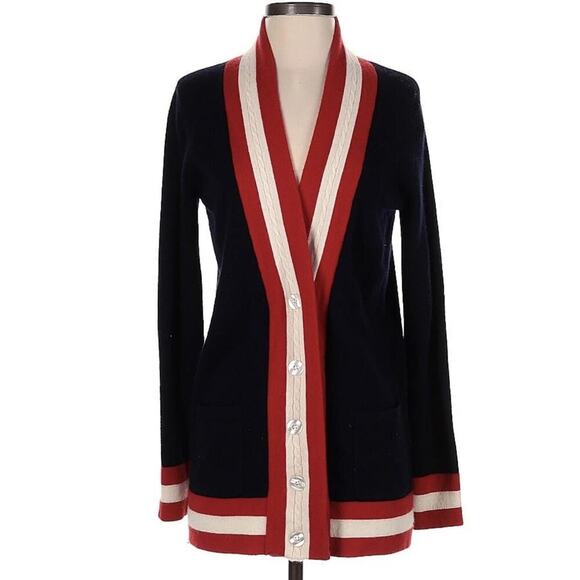 Madeline Thompson Cashmere Hip Cardigan Sweater Red White Stripe Preppy $545 Top - Picture 2 of 4